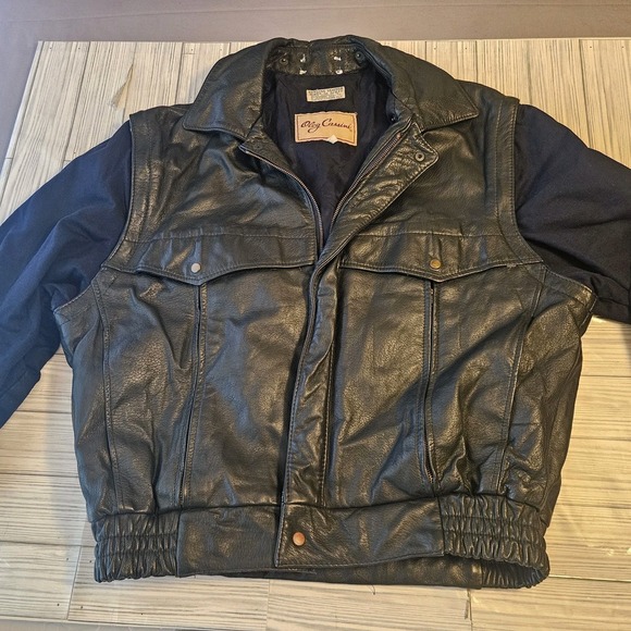 VTG OLEG CASSINI Leather Jacket Mens 42 Bomber Black - Picture 1 of 8